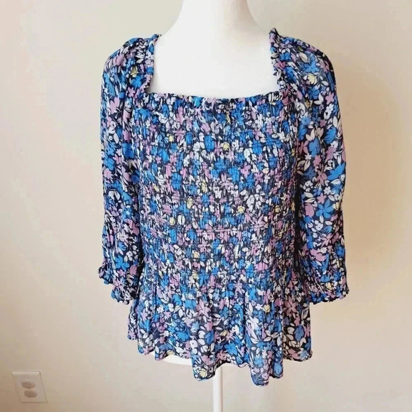 Nanette Lepore Peplum Sweetheart Blouse 3/4 Sleeve Smocked oimens Size Medium - Picture 1 of 11